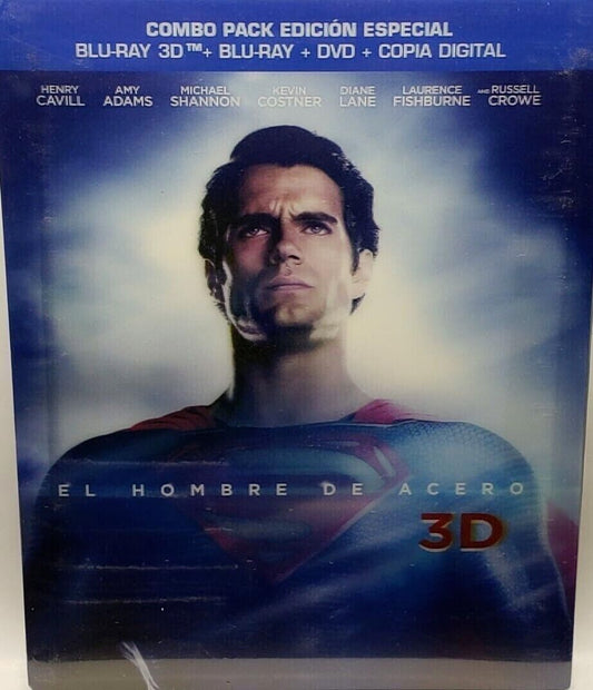 Man of Steel [Blu-ray 3D + Blu-ray] Starring Henry Cavill as Superman, Amy Adams, Michael Shannon, Kevin Costner, Diane Lane, Laurence Fishburne, Russell Crow - DC Comics Movie [Spanish Artwork]