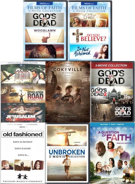 Christian Faith 16-Movie DVD Set: God’s Not Dead Trilogy/Woodlawn/Indivisible/Case for Christ/Do you Believe/I’m Not Ashamed/Mark/Revelation Road/Jerusalem Countdown/Cokeville Miracle/Unbroken/Unbroke