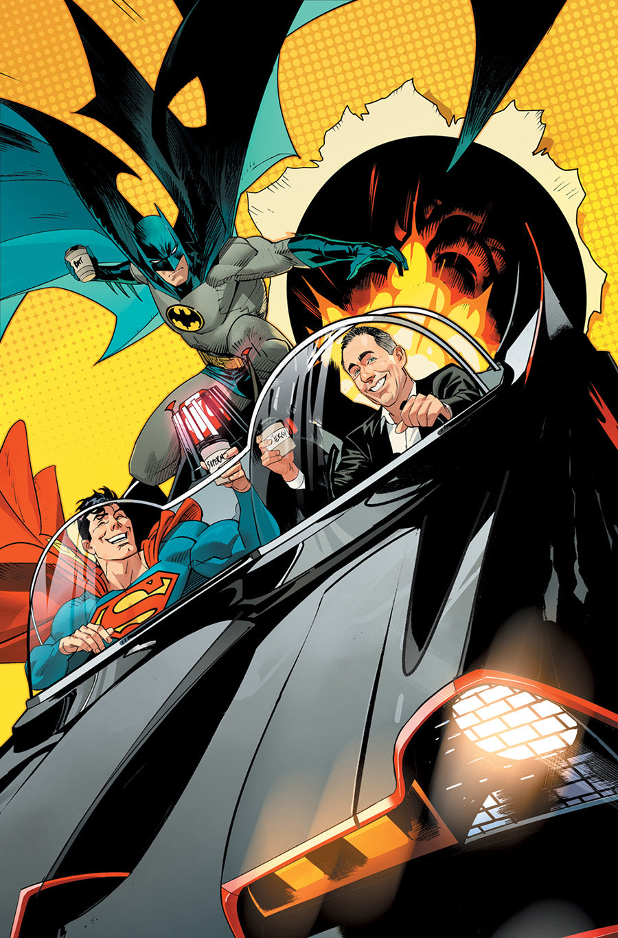 Batman Superman Worlds Finest #1 Cover J Dan Mora Jerry Seinfeld In The Bat-Mobile Getting Coffee Card Stock Virgin 1:100 Incentive Variant Cover