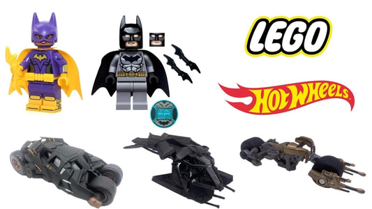 LEGO 2 Minifigures - Batman & Batgirl + HotWheels Batmobil, Motorcycle & The Pod
